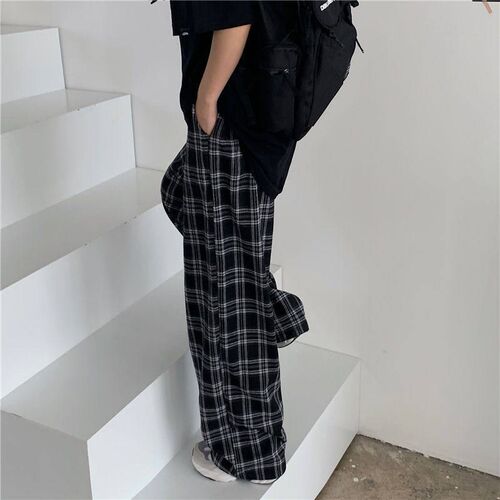 Women Casual Plaid Pants Loose Wide Leg Trousers Oversize 3X