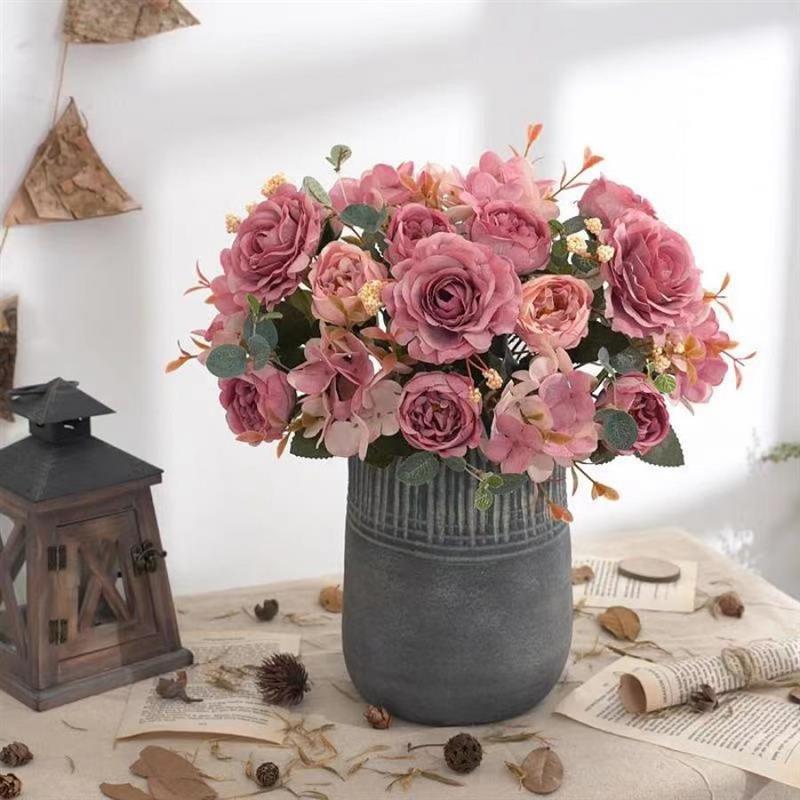 Artificial Flowers Retro Silk Rose Bouquet Hydrangea Peony V图片