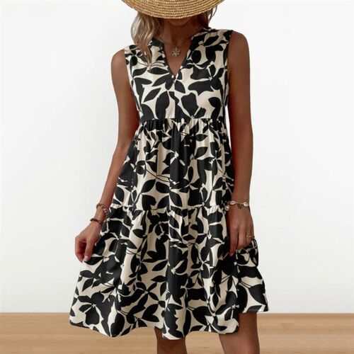 New in Dresses Sleeveless High-Waist Women Boho Dress Leaves