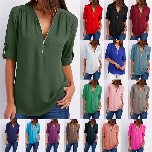 Summer Women Cool Loose Shirt Deep V Neck Chiffon Blouse Cas