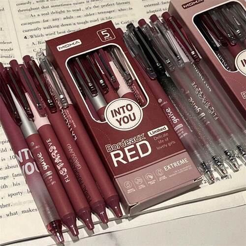 5Pcs/set Kawaii Red Retro Gel Pen 0.5mm Black Ink Press Pen