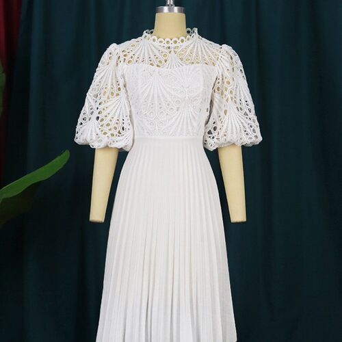 Chic White Pleated Dress Hollow Out Lace Midi Dresses Puff S