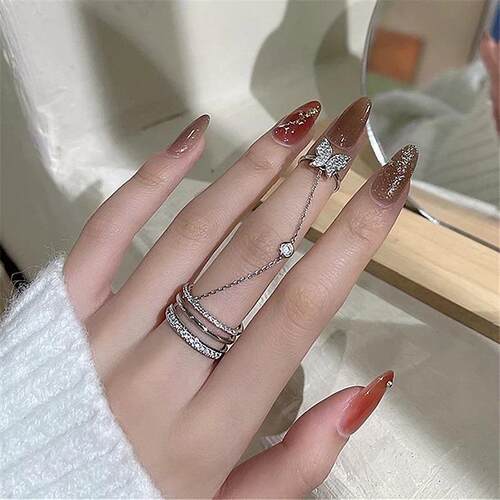 Elegant Tassel Butterfly Chain Rings For Women Girls Shiny R