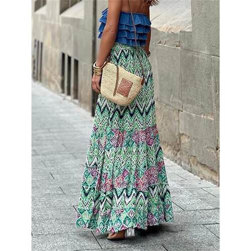 Women Flowy Boho Skirt Printed Ruffled Hem Summer Casual