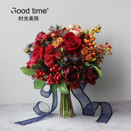 红色玫瑰手捧花新娘结婚摄影仿真假花道具家居客厅餐桌摆件装饰