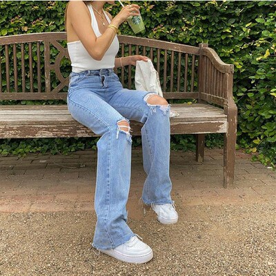 Ripped Jeans Women 2023 New Blue Baggy Straight Jeans High W
