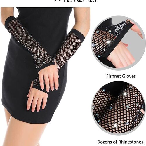 Rhinestone Fingerless Fishnet Gloves For Women Kids Girls Fi