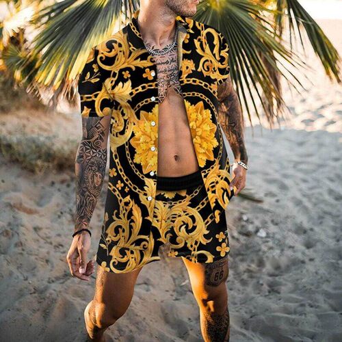 Summer Mens Hawaiian Suit Short Sleeve Printed Button Shirt