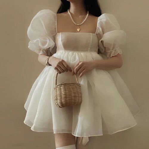 High Quality Women Elegant White Princess Dresses Square Nec