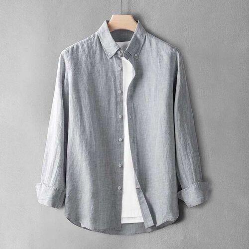 Linen Shirt Mens Lapel Loose Large Size Casual Long-sleeved