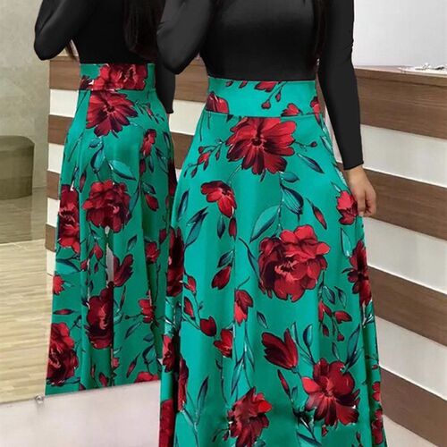 Dress Womens Autumn New 2021 Flower Sewing Long Sleeve Prin