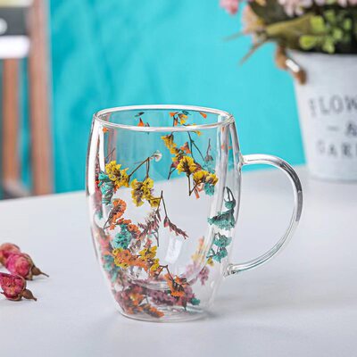 Creative Double Wall Glass Cup Real Flower Conch Flash Fille