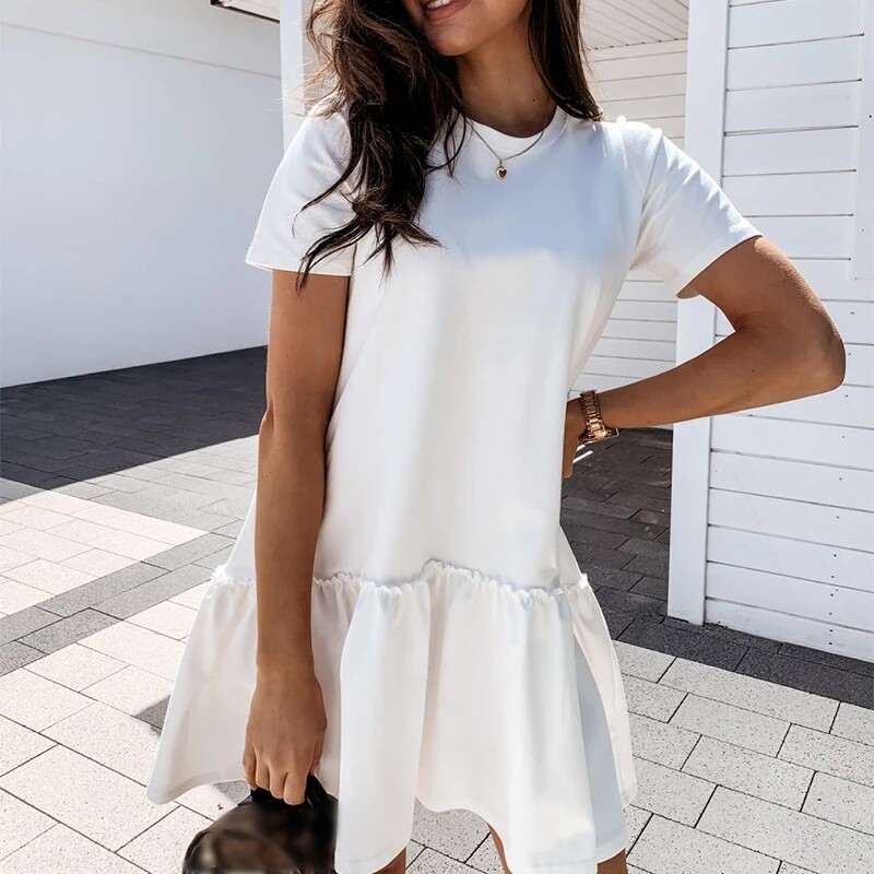 Summer Women Mini Dress Fashion Solid White Dresses  Female图片