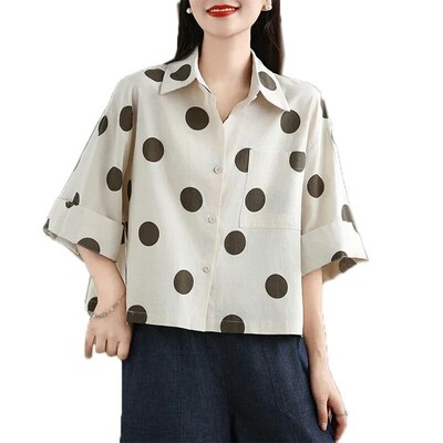 Loose Polka Dot Cotton Linen Short Sleeve Shirt Casual Sprin