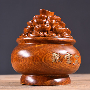 黄花梨木雕聚宝盆摆件实木质吉祥物家居摆设店铺开业工艺品礼品