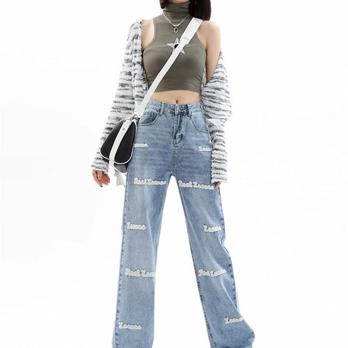 GUUZYUVIZ High Set Embroidered Jeans Woman Loose Wide Leg St