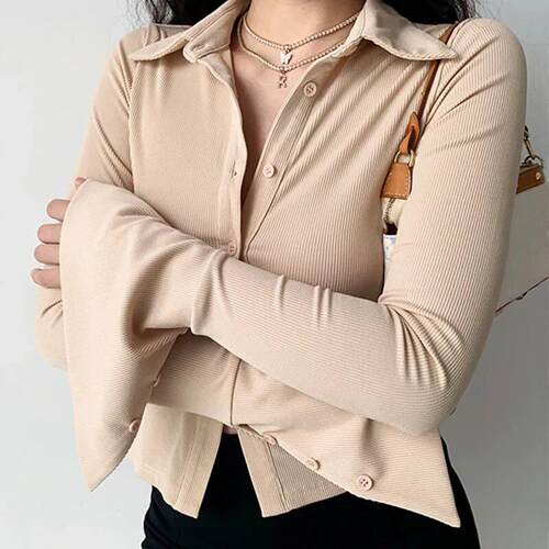 Blouses  lapel single-breasted flared Collar Solid sleeve sh