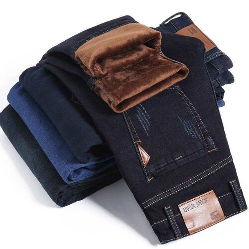 Winter fleece thickened elastic jeans mens loose straight b