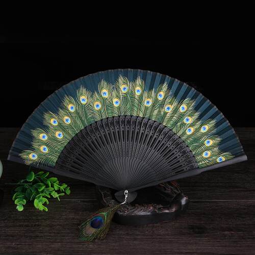 Chinese Folding Peacock Hand Fan Silk craft souvenirs gift