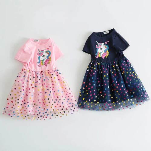 2025 New Unicorn Girls Dress Short sleeve Kids Clothes Summe