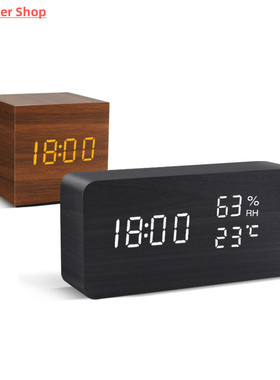 Alarm Clock LED Wooden Watch Table Voice Control Digital Woo
