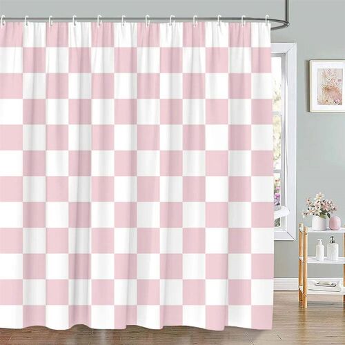 Pink Geometric Shower Curtain Minimalist Stripe Leopard Text