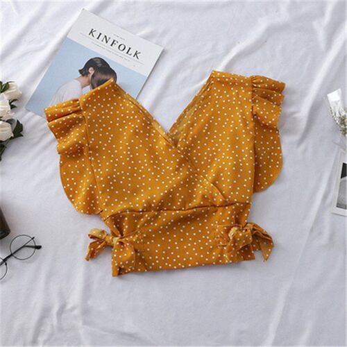 2019 Sweet Polka Dots V-neck Pleated Blouse Short Petal Slee