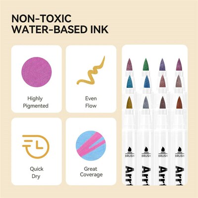 Arrtx 12 Metallic Colors Acrylic Marker, Brush Acrylic Pens