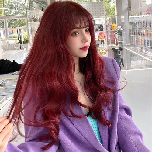 Long Wine Red Wavy Synthetic Full Head wig with Air Bangs