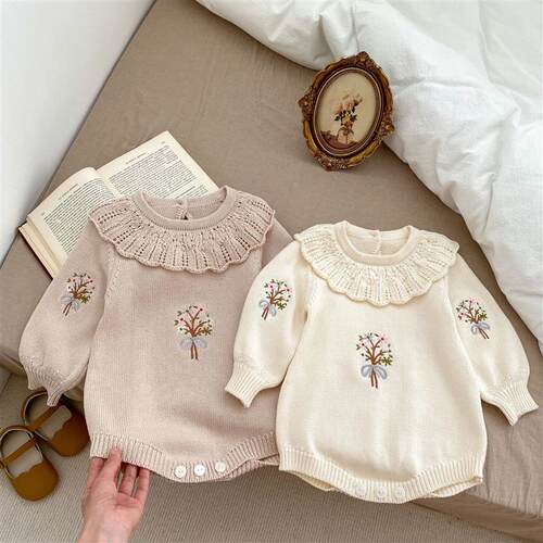 Ins Baby Knitted Lotus llar Long Sleeve Ha-coat Female Baby