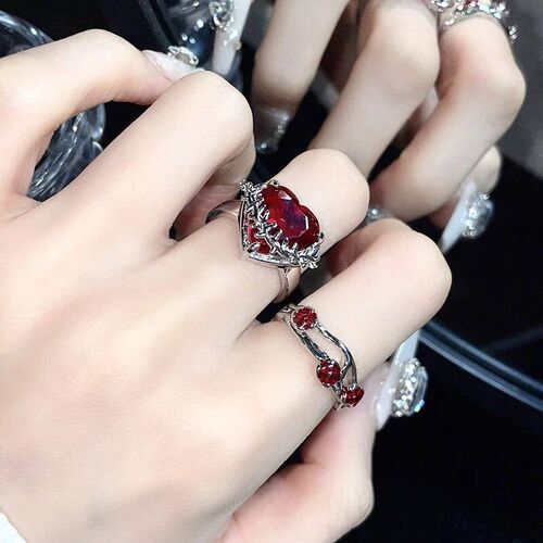 Kpop Fashion Punk Red Crystal Heart Irregular Open Metal Rin