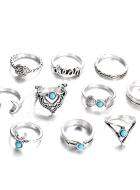 。Crescent Turquoise joint ring Bohemian 10 piece combinatio