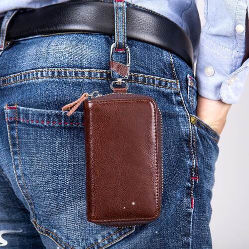 Leather Key Holder Case - Zippered Key Organizer Wallet with