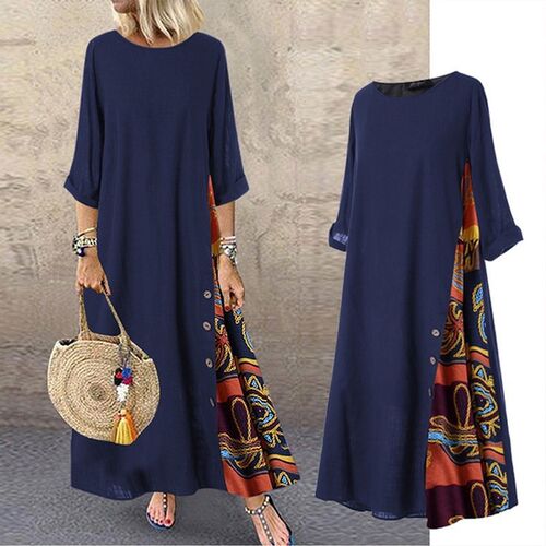 Women Vintage Maxi Dress Summer Solid O Neck Stitching Print