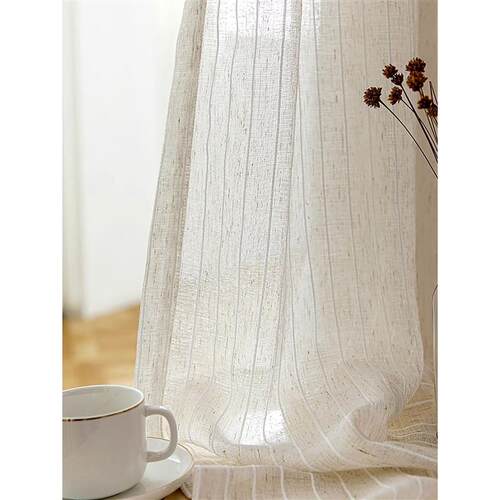 1pc striped design linen Sheer Curtain Beige Color Light Fil