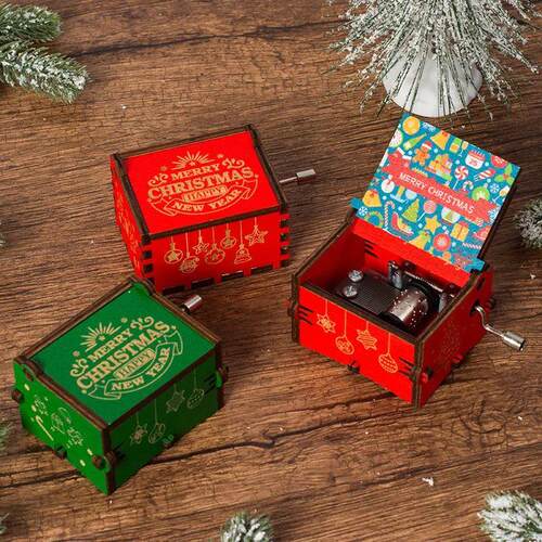 Wooden Christmas Hand Cranked Music Box For Xmas Navidad New