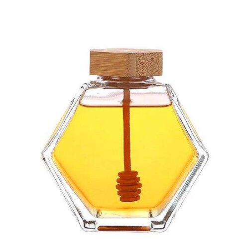 Hexagonal Glass Bottle 220ML/380ML Honey Jar Wooden