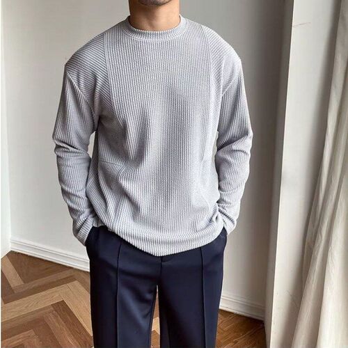 Casual Longsleeved Tshirt for Men Autumn Round Neck Concavec