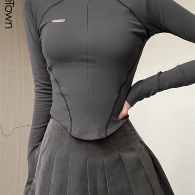 Sweetown Gray Stitched ops Women Zip Up Turtleneck Long Slee