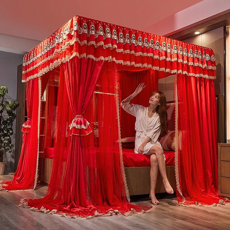 欧式横杆遮光层蚊帐一体式落地婚庆大红结婚家用1.8m米床,床上用品,蚊帐,淘宝优惠券,粉丝福利购,淘宝优惠卷