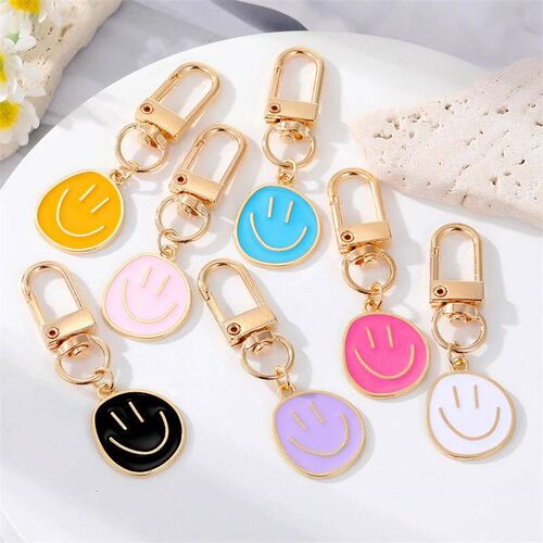 Cute Smile Face Keychain Yellow Pink Blue Black Enamel Metal