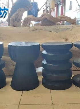 侘寂风实木墩子黑色原木凳设计个性边角几民宿摆件创意圆凳底座