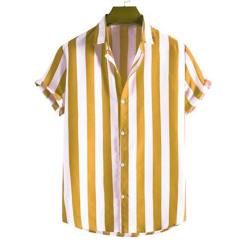Digital Print Striped Hawaiian Collar Thin Short Sleeve Shir
