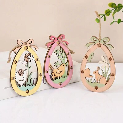 3Pcs Easter Wooden Eggs Hanging Ornament Cute Bunny Carrot P