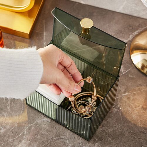 Cosmetics storage box with lid and compartments, transparent