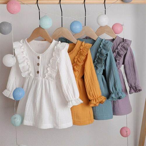 16Y Toddler Kids Baby Girl Autumn Dress Ruffle Button Long