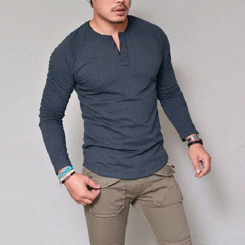 -Mens autumn and winter round neck cotton solid color t-shi