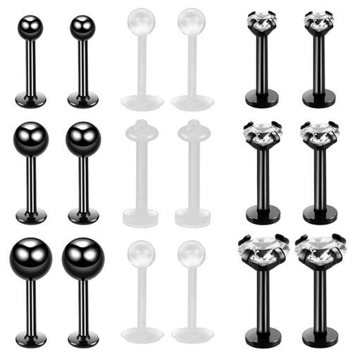 18Piece Stainless Steel Crystal Tragus Earring Set 16G Shiny