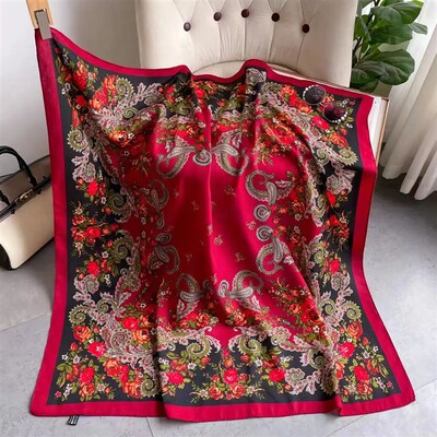 110*110cm Russian Style Floral Print Square Scarf Women Luxu