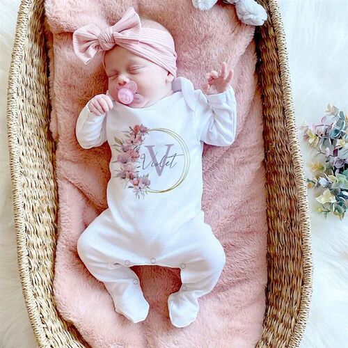 Personalised Wreath with Name Baby Babygrow Sleepsuit Custom